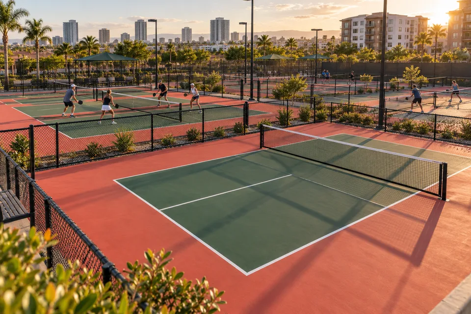 AI illustration of public pickleball courts in an imagined urban neighborhood